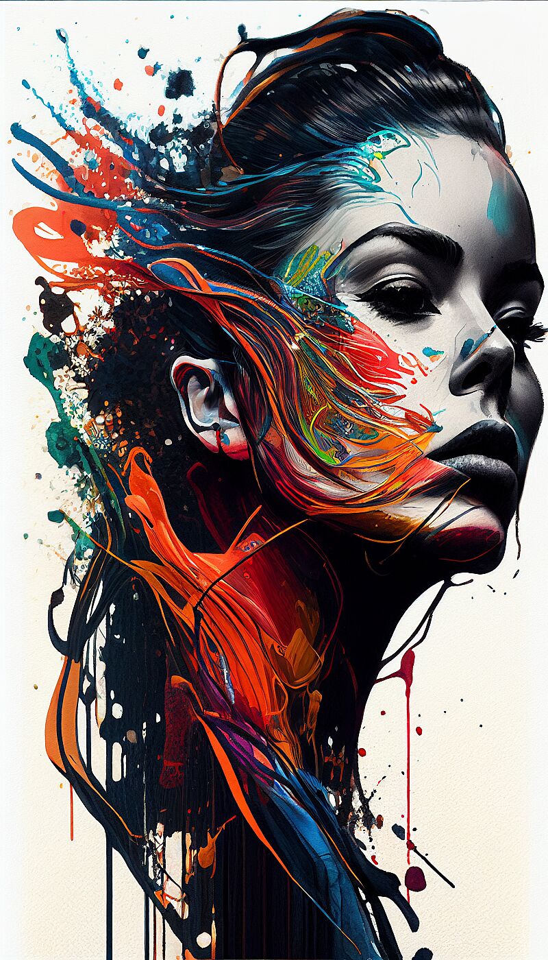 Colorful woman, Black ink flow, 8k, photorealistic masterpiece, intricately detailed fluid gouache, calligraphy, watercolor art, professional photography, volumetric lighting, photo-illustration, concept art, elegant, fantastical --ar 9:16 --v 4 --s 400