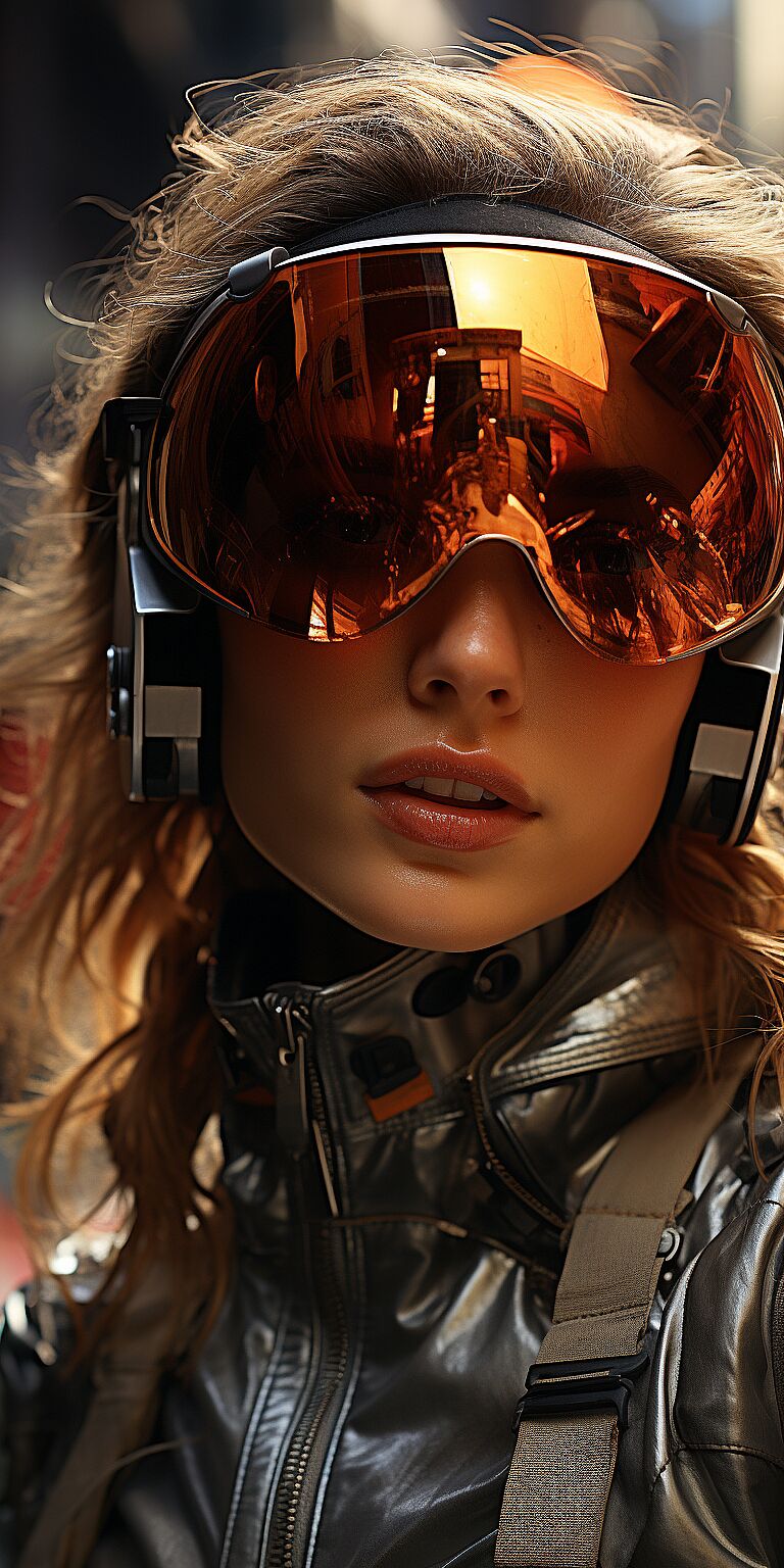 a cyberpunk woman wearing a motorcycle helmet with a mirrored visor that reflects the amazing sunset and the stunning skyscrapers, wide angle, Peter Lik photography --ar 1:2 --q 4 --stylize 1000