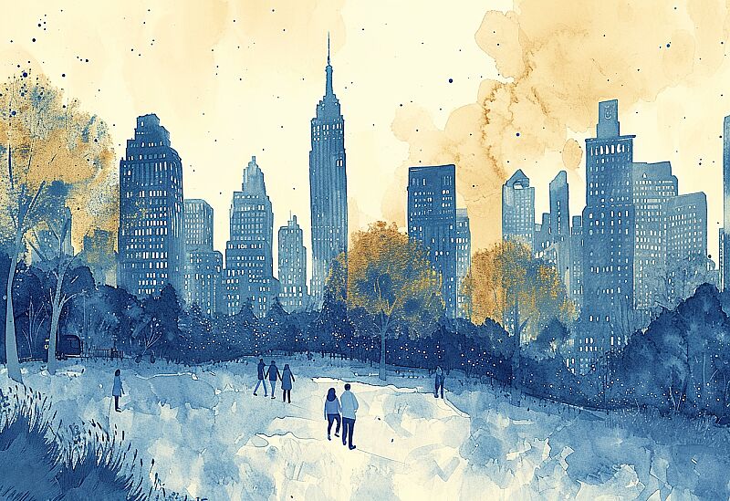 illustration depicts people in a city park near buildings, in the style of delicate ink washes, light amber and navy, new york city subject matter, icepunk, expansive landscapes, playful animation, chalky --ar 16:11 --v 6.0 --style raw