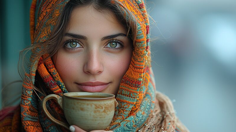 a beautiful girl drinking tea at Pakistan, railway station --ar 16:9 --v 6.0 --s 750