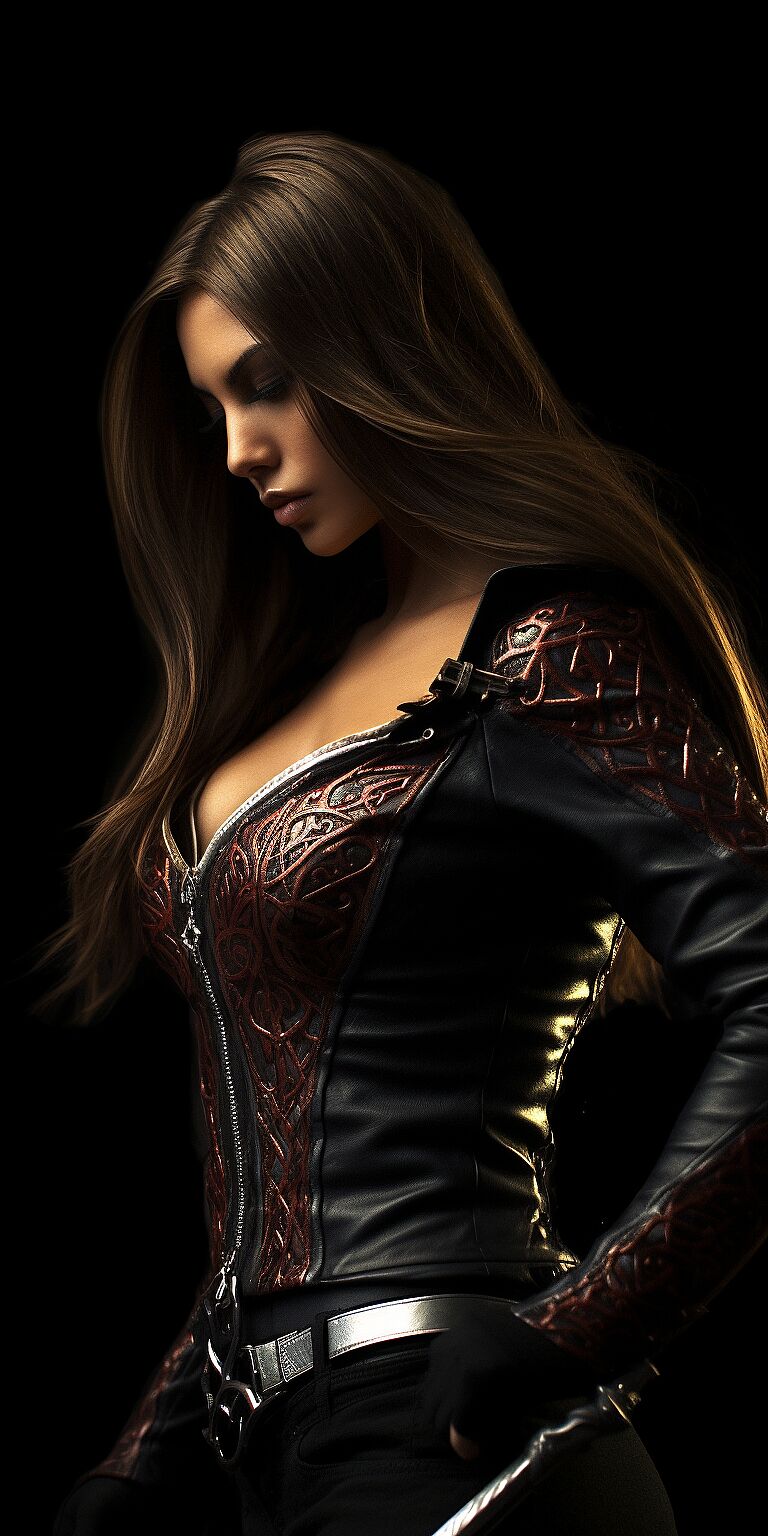 photorrealistic Elektra super heroe woman in action scene wide angle portrait half body super close profile woman dressed in leather, filigree details, long hairs, black background  sharp focus vivid colors Aleksi Briclot style --ar 2:4 --v 5.1