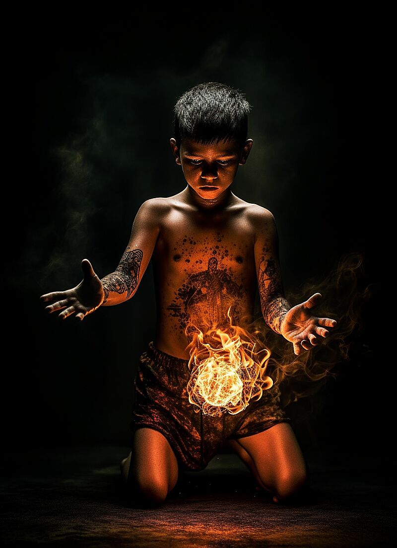 Dynamic Award-winning photo of a boy conjuring a fireball, son of a wizard with his tattoos glowing, photo taken full body, Silhouette lighting, photo from a photo contest, lots of detail --ar 227:312 --q 3 --v 5 --s 250 --q 2