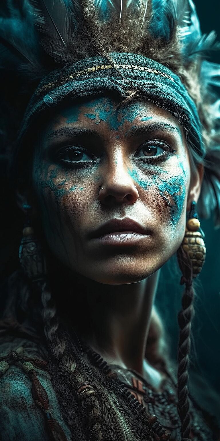 a woman wearing native facial makeup and Indian face paint, in the style of epic fantasy scenes, octane render, dark cyan and light black, fine feather details, ps1 graphics, intense use of light and shadow, caras ionut --ar 1:2 --q 2 --stylize 1000 --v 5