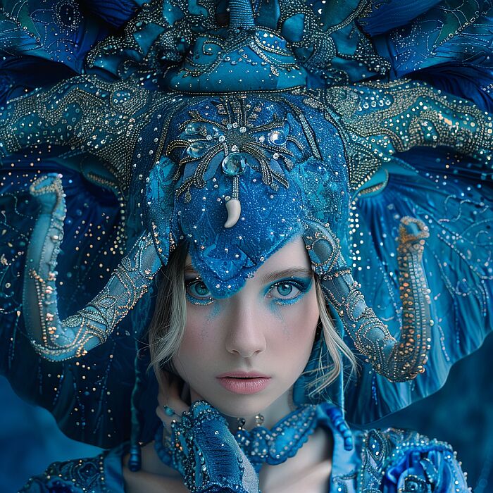 a blue themed, starry zodiac taurus costume couture photo fashion model elephent --v 6.0