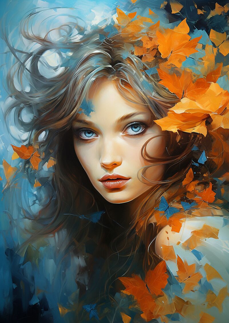 a painting of a beautiful woman, in the style of azure and amber, eye-catching, aleksi briclot, colorful fauna, emilia wilk, artistic fragments, manga style --ar 5:7 --v 5.2 --style raw