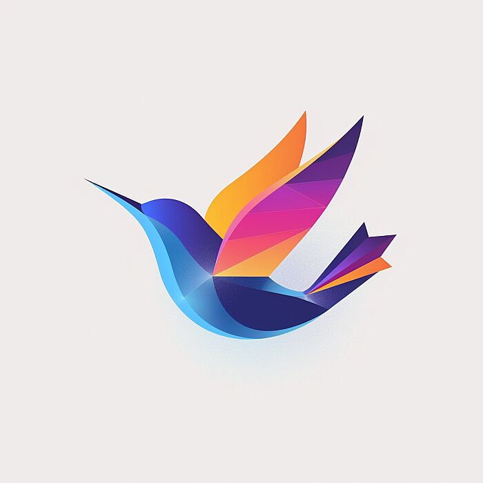 Create a 3D [bird] logo with a modern and minimalist design. The logo should feature geometric shapes, with a gradient color palette. colorful. The shapes should be arranged to create a clean, abstract representation of the subject, conveying its essence rather than detailed realism. The design should be suitable for use as a corporate brand identity, evoking stability. The overall look should be sleek and scalable, able to maintain its impact when used in various sizes. Add symbolizing interconnectivity and complexity. The image should be isolated on a white background for versatility in usage --v 6.0