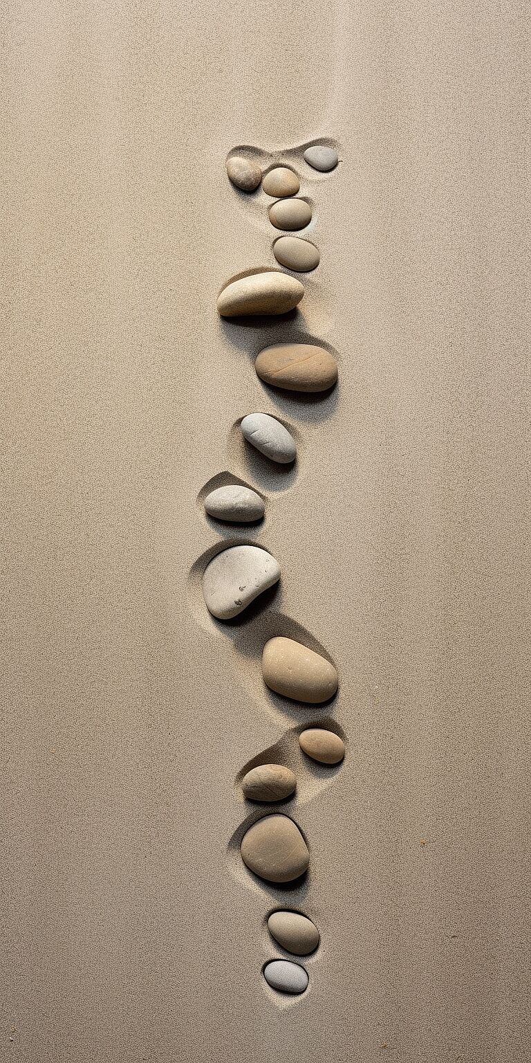 Pebble art, minimalistic, a series of footprints in the sand leading to the ocean --ar 1:2 --version 5.1 --ar 2:3