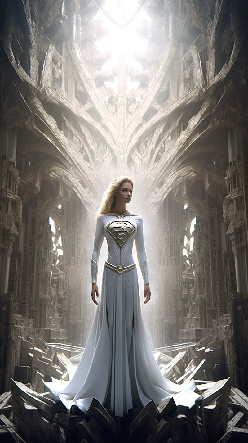 epic photo-portrait of the most beautiful Supergirl, dressed in pure white attire and adorned with gorgeous and surreal intricate details, a glimpse of light in the darkness, hybrid heaven, universe about to collapse, commanding figure, inside of the fortress of solitude --ar 9:16 --s 750 --v 5.1