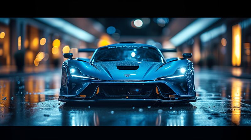 create image of 21C Hypercar blue car front view, in dark background, high quality and with high textures full realatic --ar 16:9 --v 6.0 --s 750