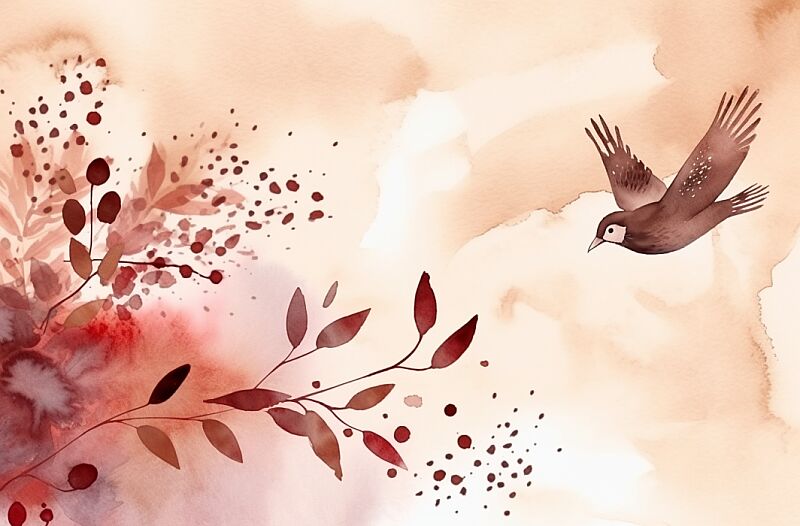 watercolor autumnal background with leaves in watercolor, in the style of light maroon and light beige, japanese-inspired imagery, minimalist backgrounds, birds & flowers. --ar 62:41 --v 5.0