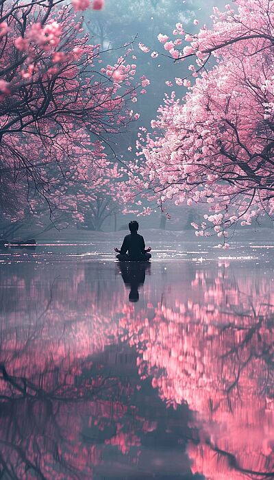 Serene Reflection: A tranquil scene of a person meditating by a reflective body of water amidst blossoming trees, reflecting the peaceful journey towards self-awareness and authenticity. --ar 4:7 --v 6.0