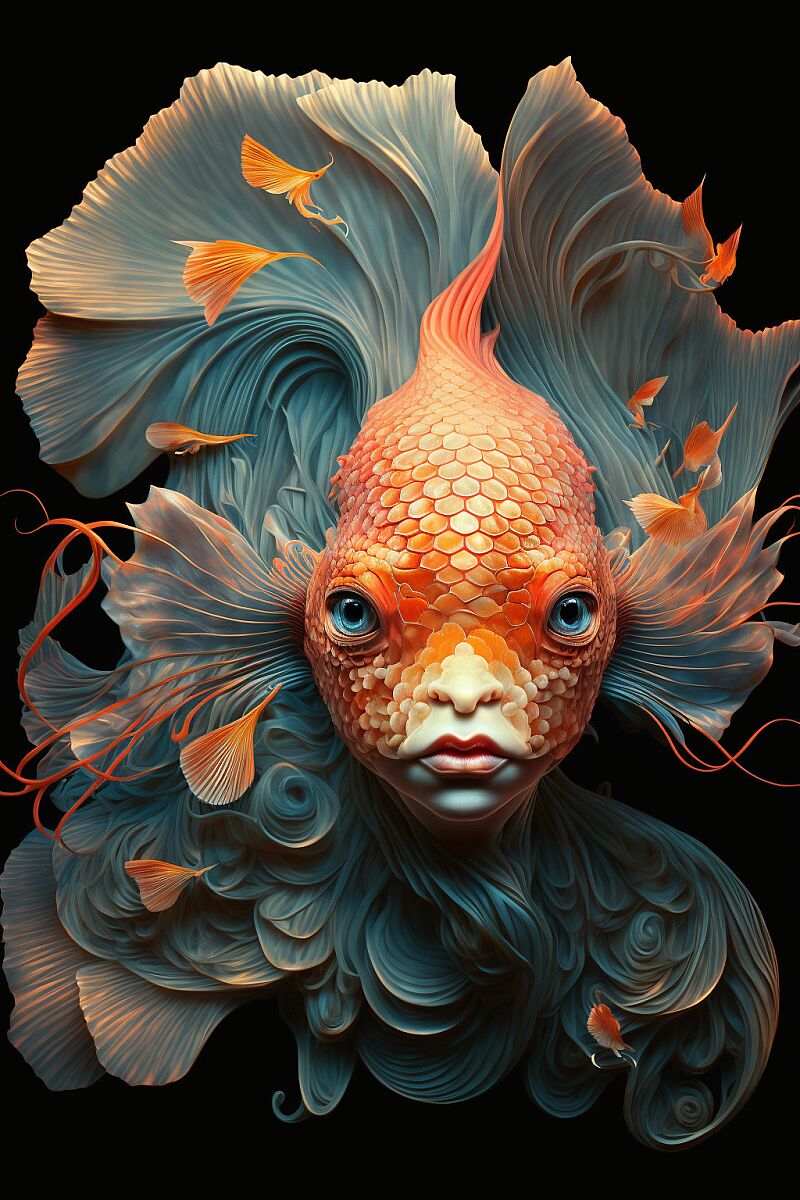 fey creature, humanoid goldfish, beautiful and intricate --ar 2:3