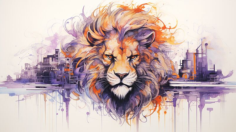 ink sketch, Lion in a warped cityscape folding onto itself, capturing the surreal essence of Inception, featuring purple and orange --ar 16:9 --style raw --v 5.2