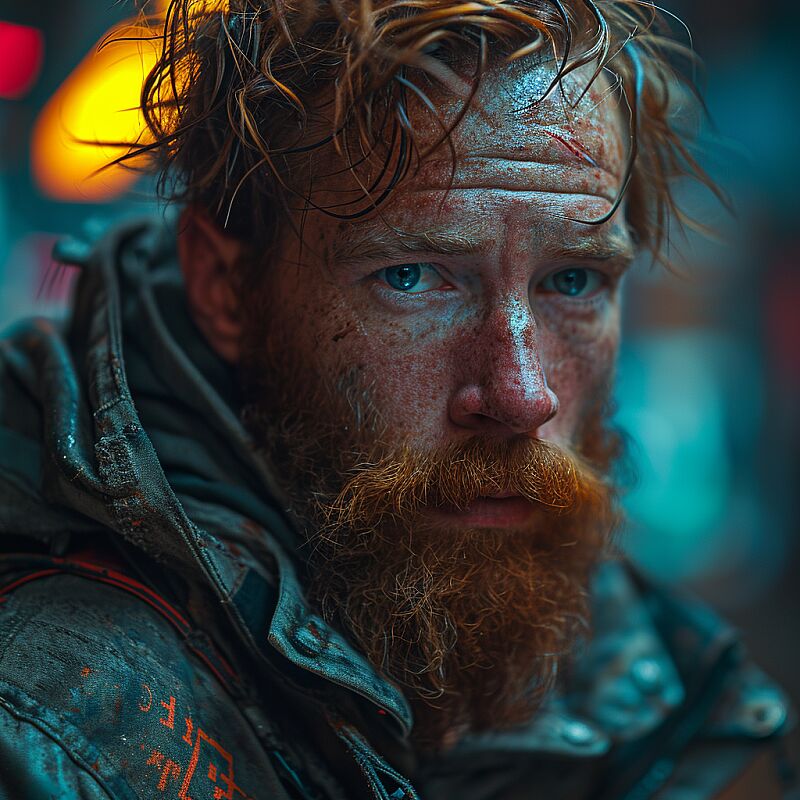 Create a photorealistic, high-resolution 16k image of a 35-year-old man embodying cyberpunk aesthetics. His fiery ginger hair should be styled in a rebellious manner, contrasting against the monochromatic world. His long, well-groomed ginger beard should be captured in detail, showcasing his meticulous nature. He should be wearing a grey hoodie adorned with cryptic symbols and neon accents, and rugged indigo jeans. His piercing blue eyes and wry smile should be the focal points, adding to his intriguing persona. Use a Canon EOS 5D Mark IV DSLR camera with an EF 24-70mm f/2.8L II USM lens for this shot. The lighting should be dramatic, with high contrast to highlight his features and attire. The color palette should be vibrant, with a focus on blues, greys, and the fiery ginger of his hair and beard. The composition should be a full-body shot, with the man positioned centrally and looking directly into the camera. --style raw --s 750 --v 6.0