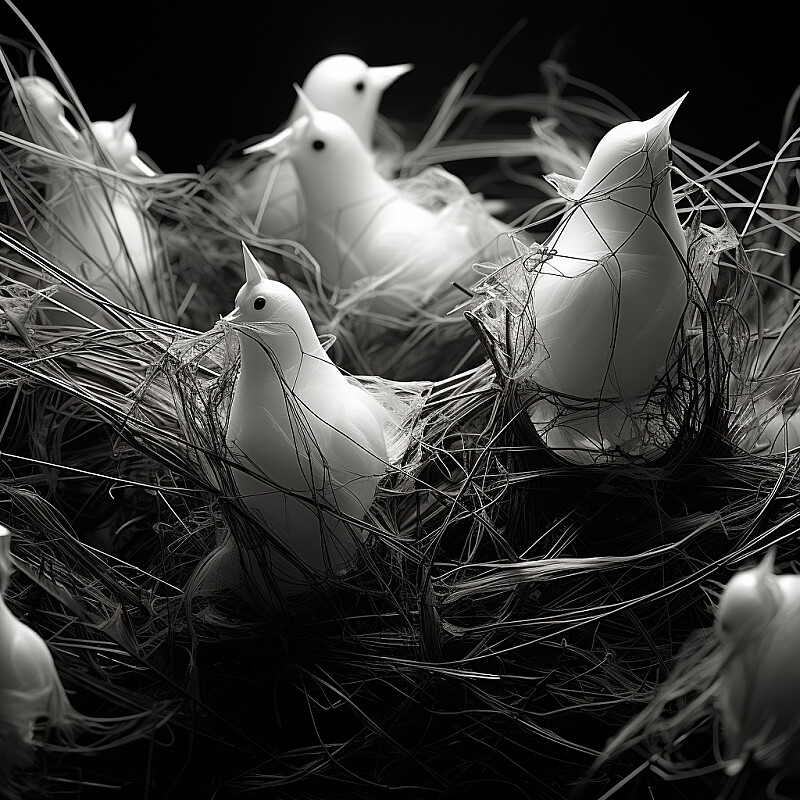 Flock, in the style of monochrome abstraction, mystic mechanisms, high dynamic range, etched still lifes, tangled forms, sony fe 12-24mm f/2.8 gm, transparent layers