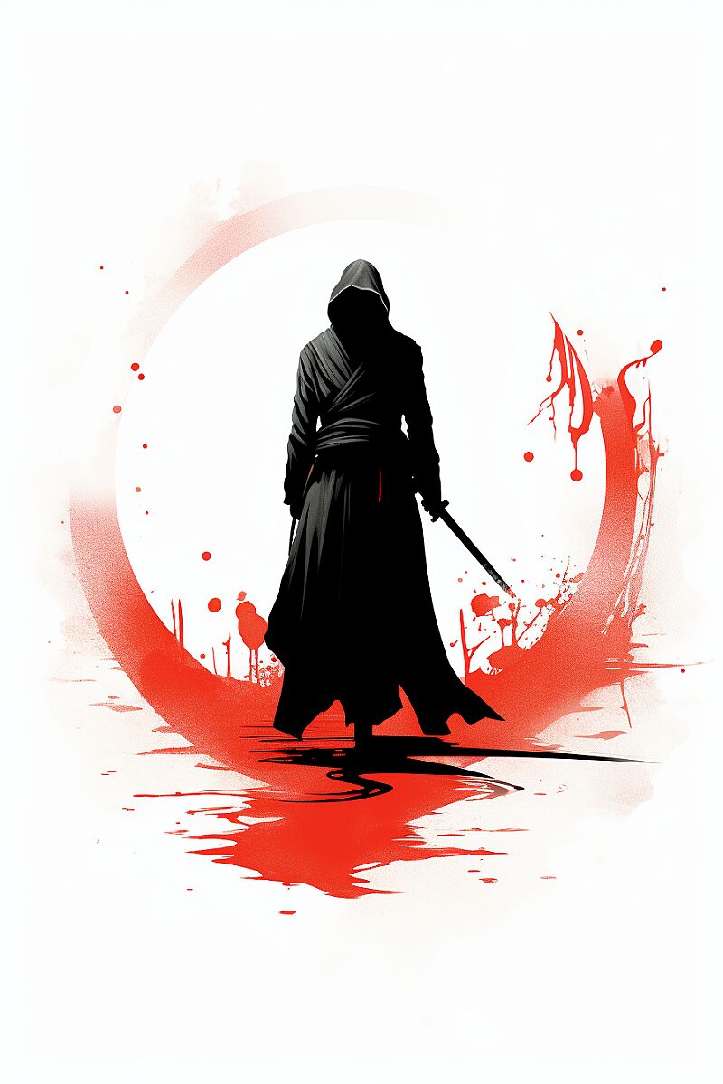 japanese ninja in shadows, white background, black drawing, small details in red, minimalist, japanese style diagram --ar 2:3