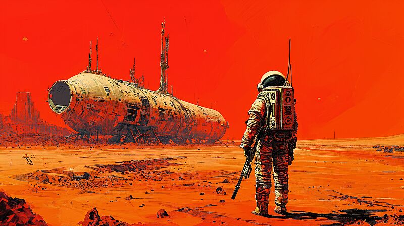 artwork by enki bilal imagning a mars explorer in vibrant futurepunk color --ar 16:9 --v 6.0 --style raw