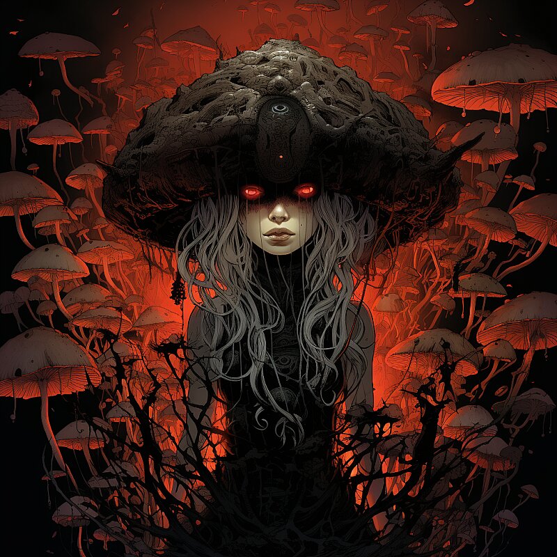 mysterious dark mushroom spirit, by Chris bachalo, digital vector illustration on flat black background