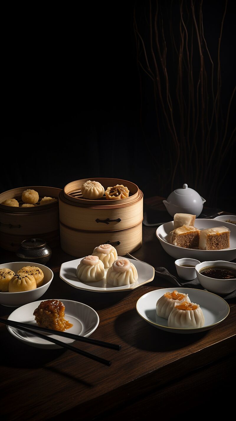 a table of dim sum, realistic ,professional photography, professional lighting, --ar 9:16 --v 5.0